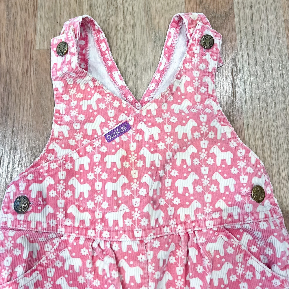Vintage 18M OshKosh B'Gosh Vestbak Baby Overalls Pink Pony White Corduroy USA